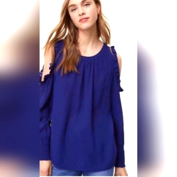 NWOT | Ann Taylor LOFT | Cold Shoulder Long Sleeve Blouse | Small | Blue - Picture 1 of 10
